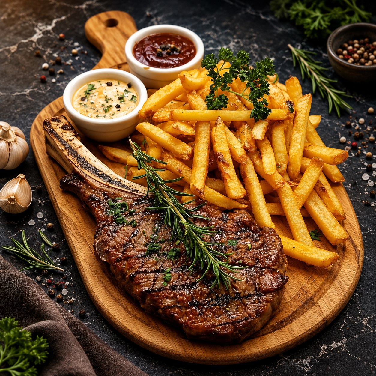 Corte a la parrilla con papas doradas y salsas, imagen cuadrada de portada